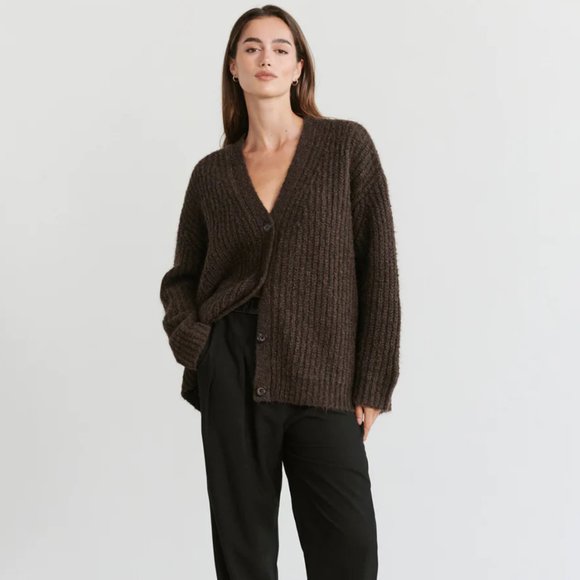 Jenni Kayne Chunky Ribbed Cardigan in Dark Brown